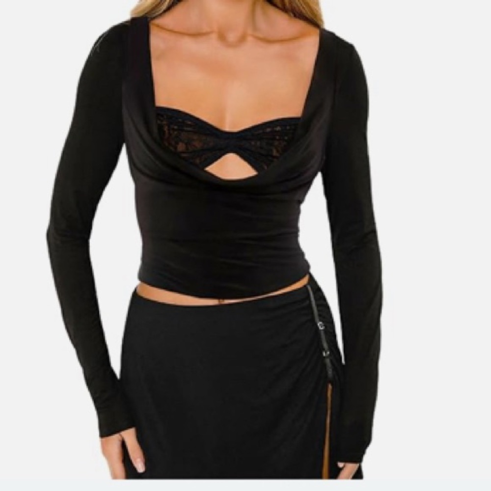 Black cowl neck top with lace bra